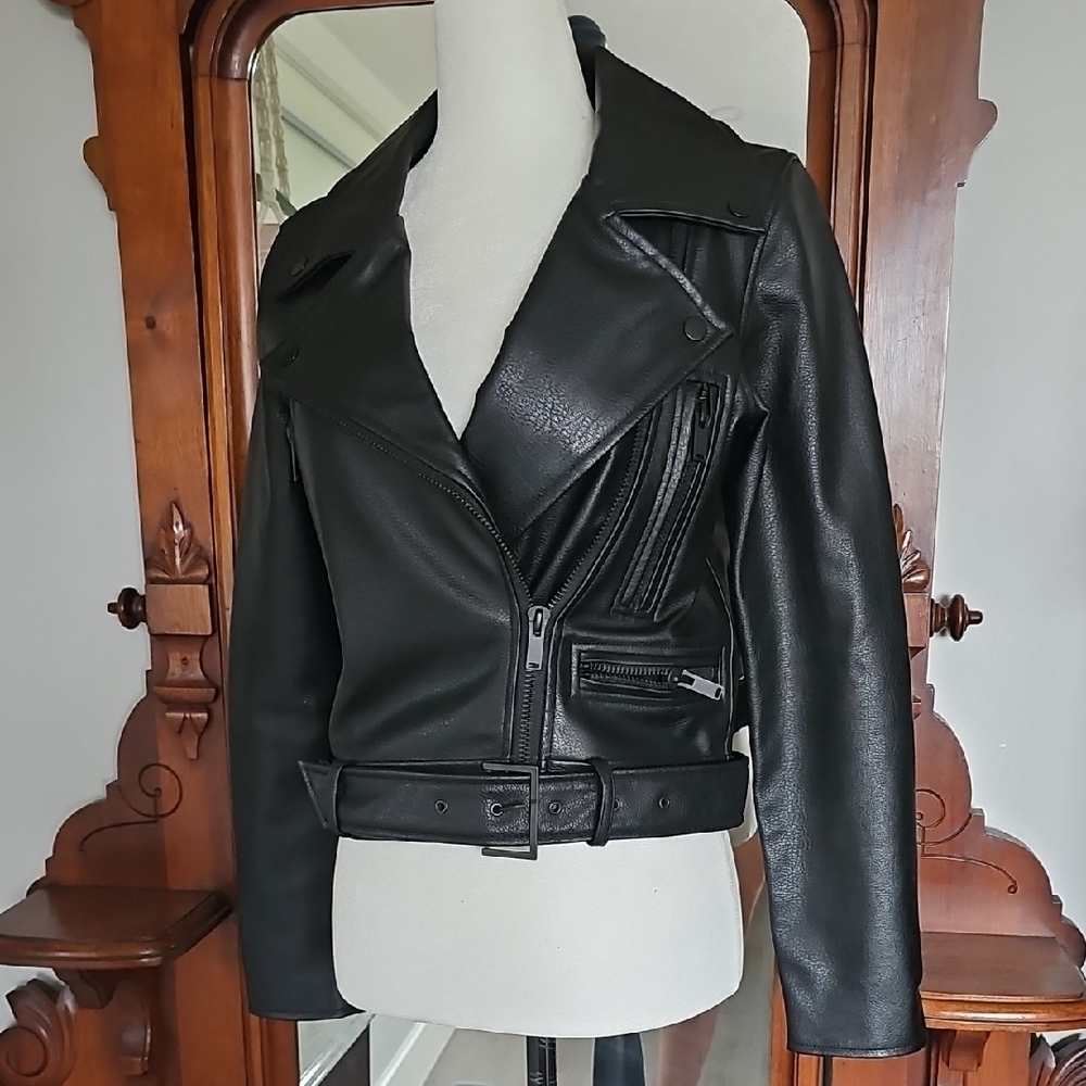 SEXY OAK + FORT Black Vegan Leather Biker Jacket Crop